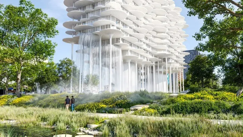 slender columns support the elevated building volumes