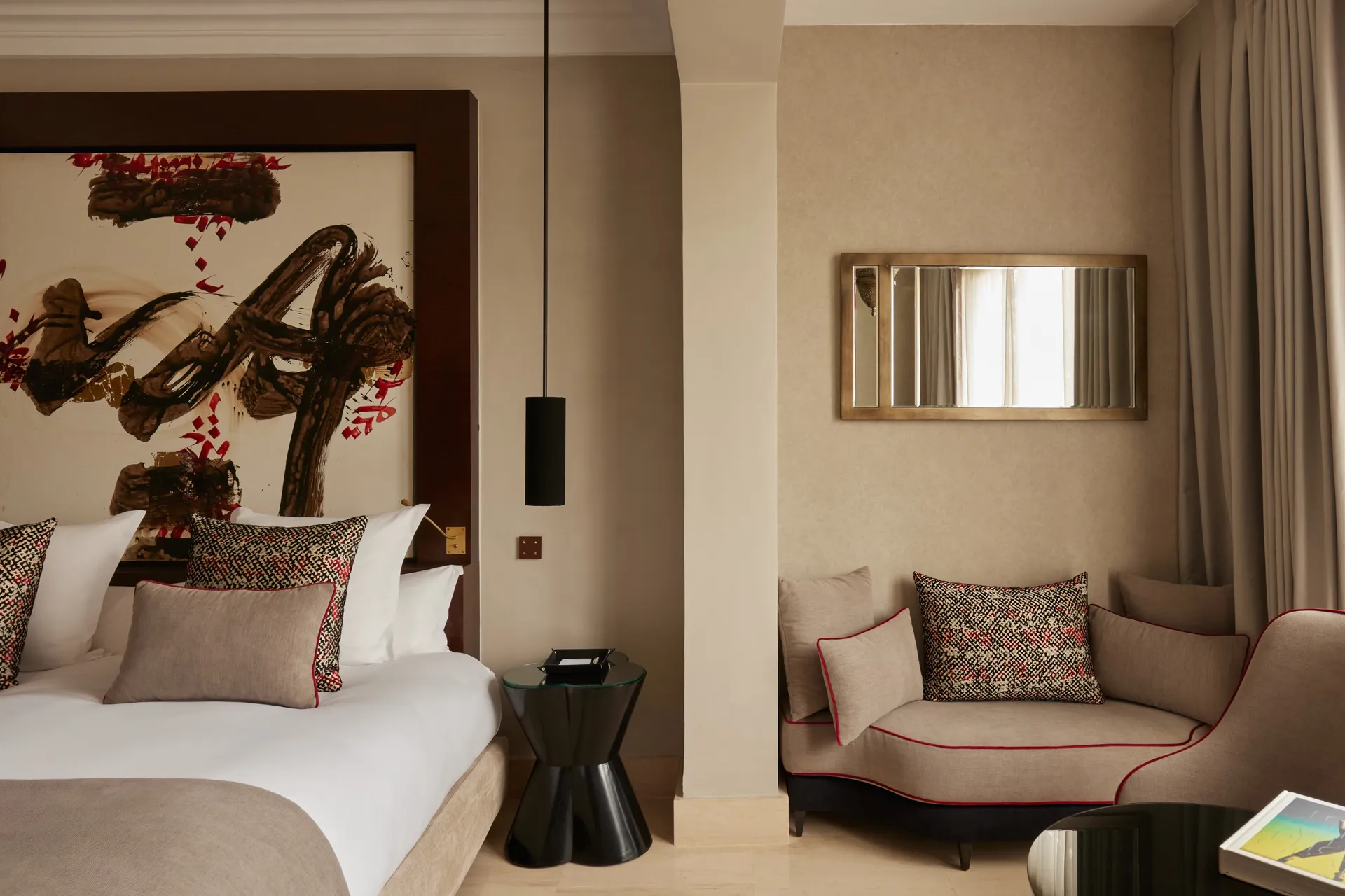 Original artwork, sculptural forms, and a less-is-more attitude: design has never felt fresher than at Nobu Hotel Marrakech, though the color palette feels like a direct nod to Moroccan landscapes' earthiness.