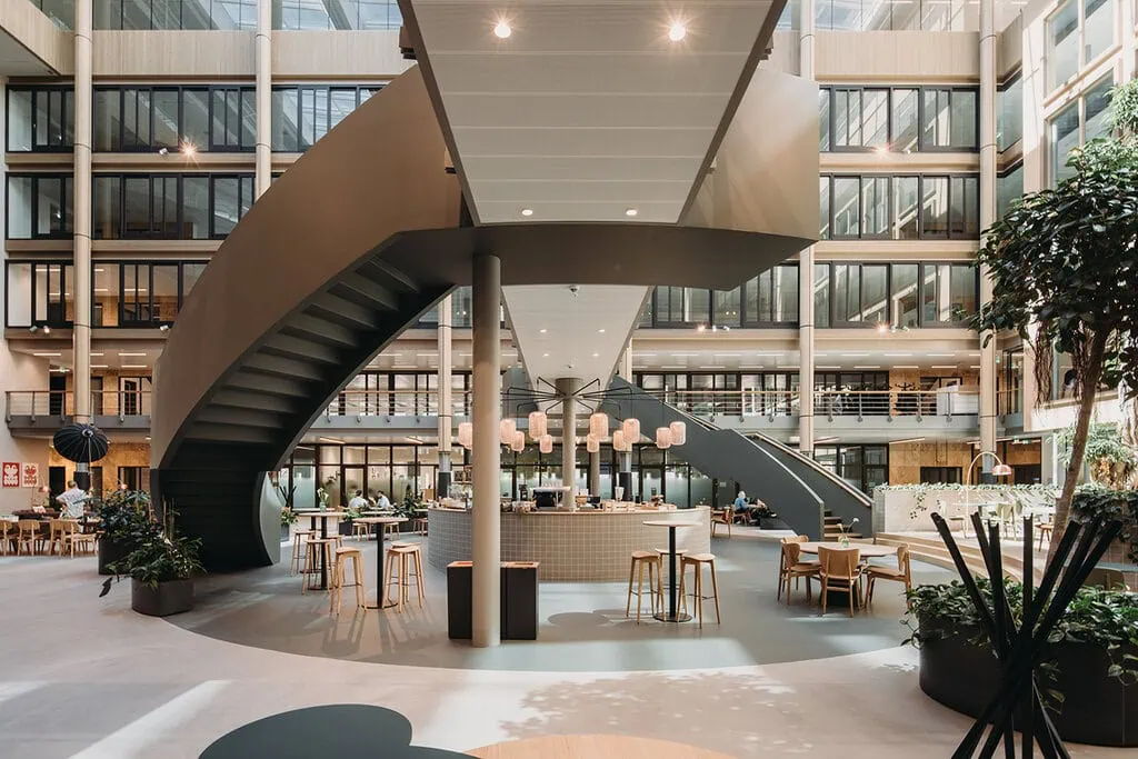 The lobby café at Edge Stadium in Amsterdam. Photography: Eva Bloem