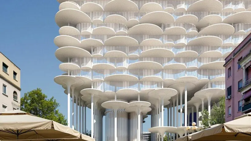 rounded terraces and slender columns define the facade