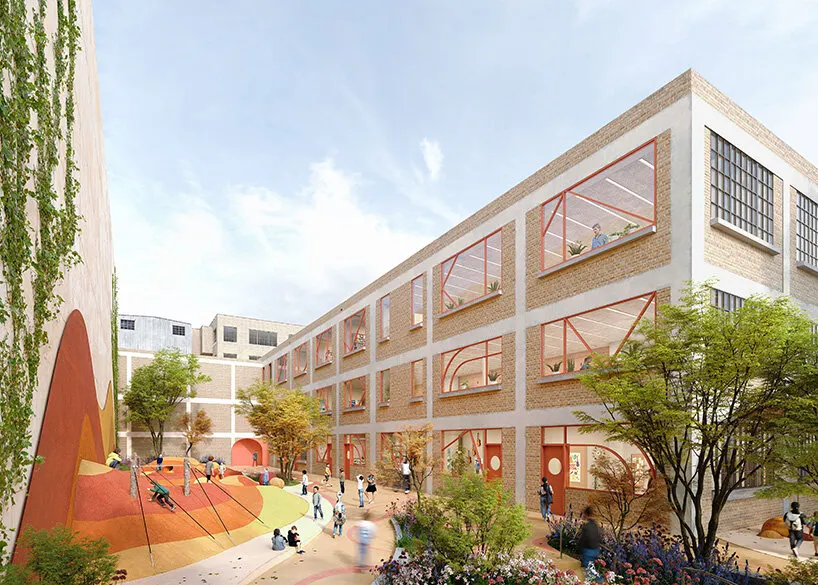 a landscaped courtyard introduces colorful geometric forms alongside the restored industrial facade of FLAMA