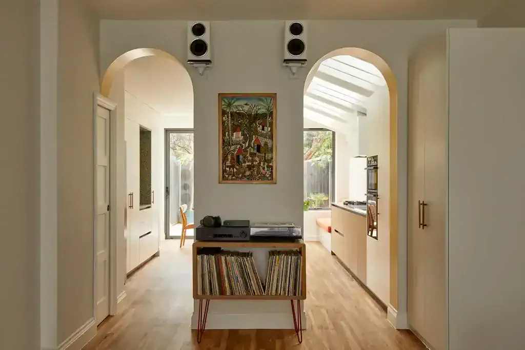 interior of West London extension Ealing return, a colourful modern kitchen addition