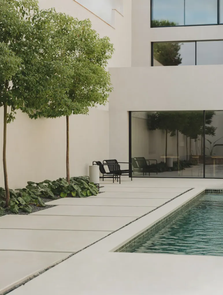 The rear garden includes a pool