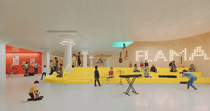 a stepped yellow platform creates an informal setting for gathering, music practice, and performances at FLAMA