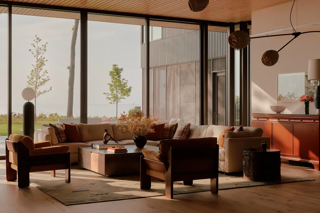The living room has sliding glass doors that open onto an outdoor patio