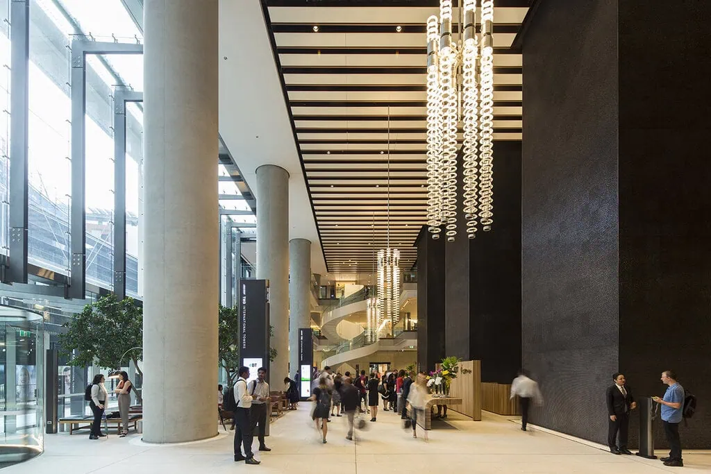 The entrance lobby at International Towers Sydney, designed by RSHP. Photography: Brett Boardman Photography