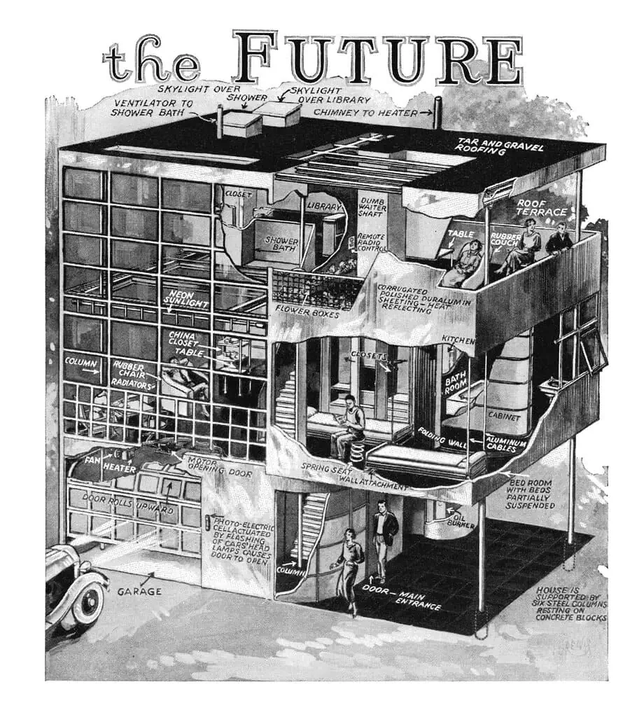 A. Lawrence Kocher and Albert Frey (architects) and Logan U. Reavis (illustrator), “The Home of the Future” cutaway illustration of Aluminaire House, in Popular Mechanics, August 1931_ house built 1931