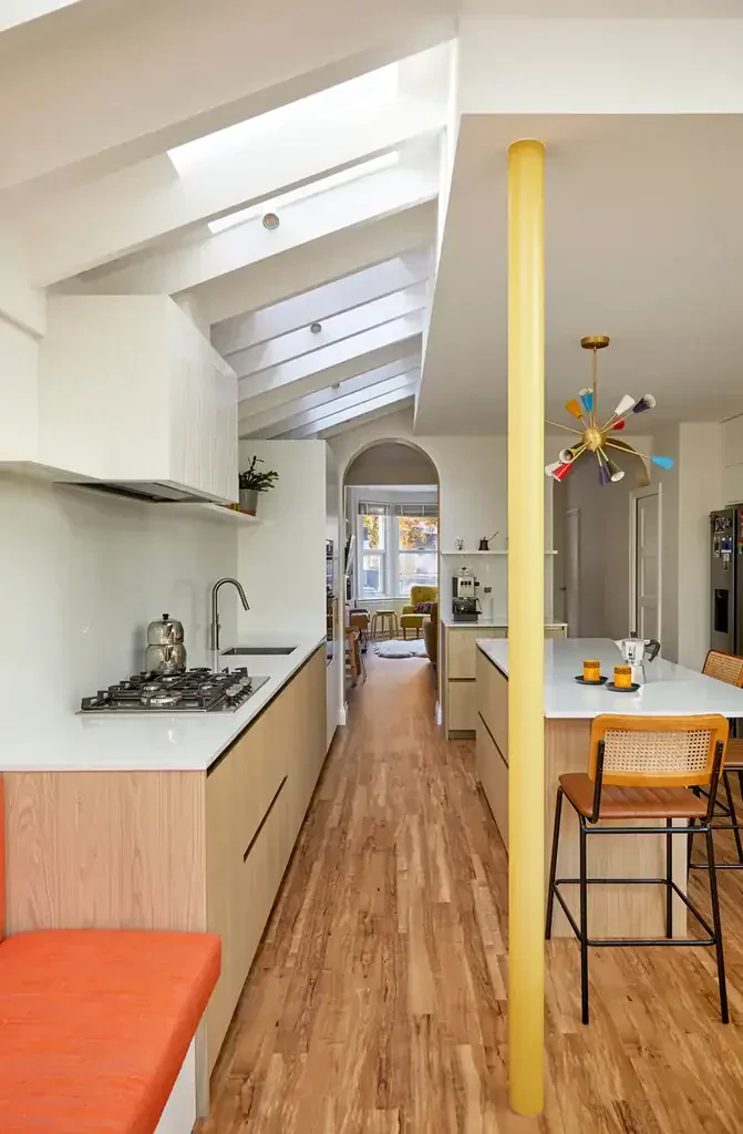 interior of West London extension Ealing return, a colourful modern kitchen addition