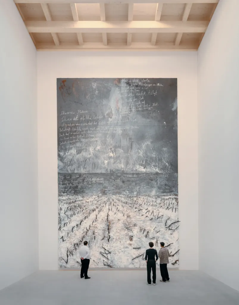 Anselm Kiefer Pavilion exhibition room with Anselm Kiefer’s Schwarze Flocken , 2007, oil, emulsion, shellac, soil, and twigs on canvas