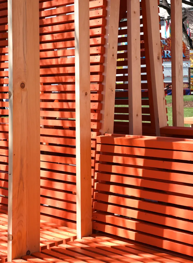 modular infill panels double as seating, backrests, and shading elements