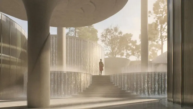 cascading water features shape a shaded interior space beneath the elevated structure