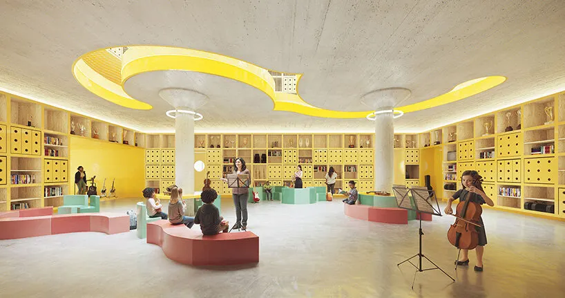 FLAMA’s music library features yellow built-in shelving, curved seating, and a sculptural ceiling inspired by musical forms