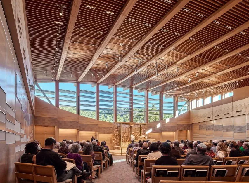 The main prayer space is covered by a vaulted ceiling clad in timber