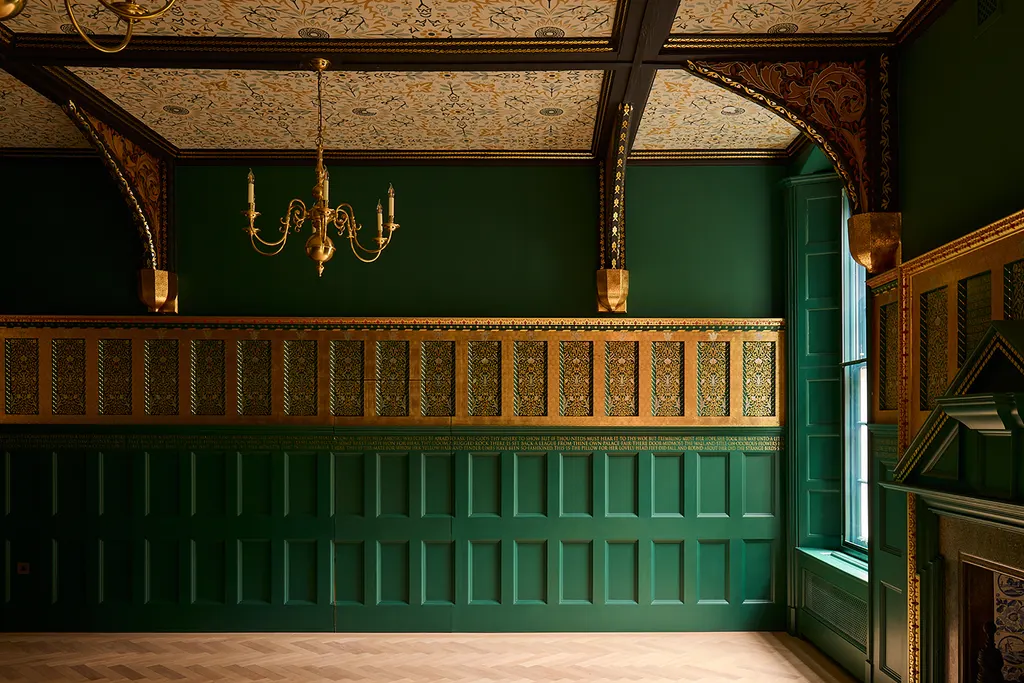 The restored dining room at One Palace Green, with its gilded poetry from The Earthly Paradise. Photography: Boz Gagovski / REDD Real Estate