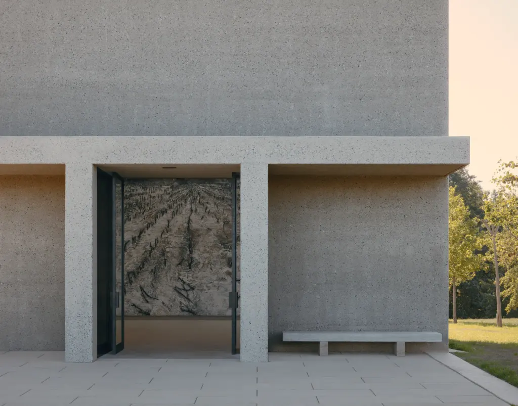Anselm Kiefer Pavilion entrance portico with Schwarze Flocken visible inside