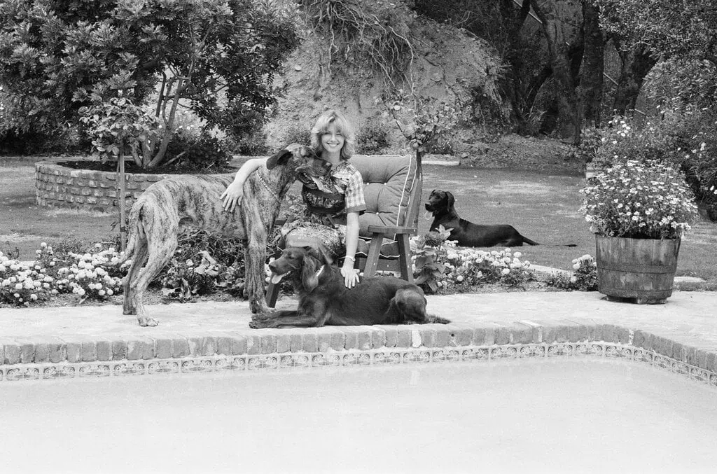 blackandwhite photo of Olivia NewtonJohn poolside with her dogs at home