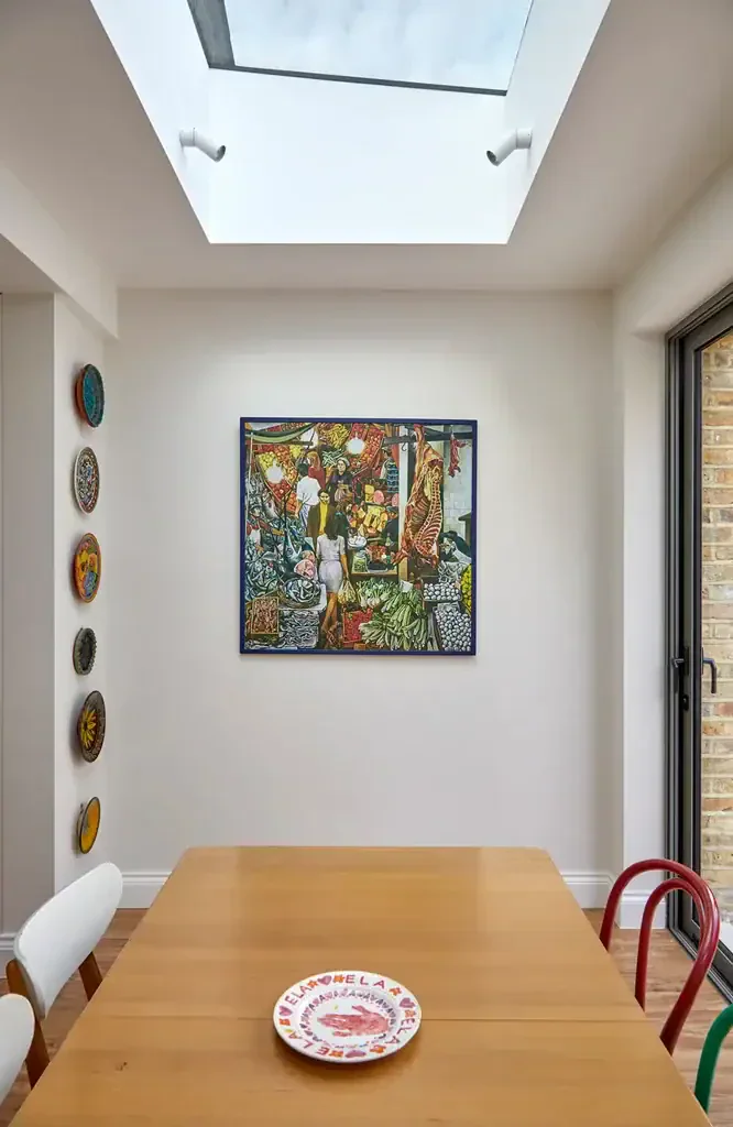 interior of West London extension Ealing return, a colourful modern kitchen addition