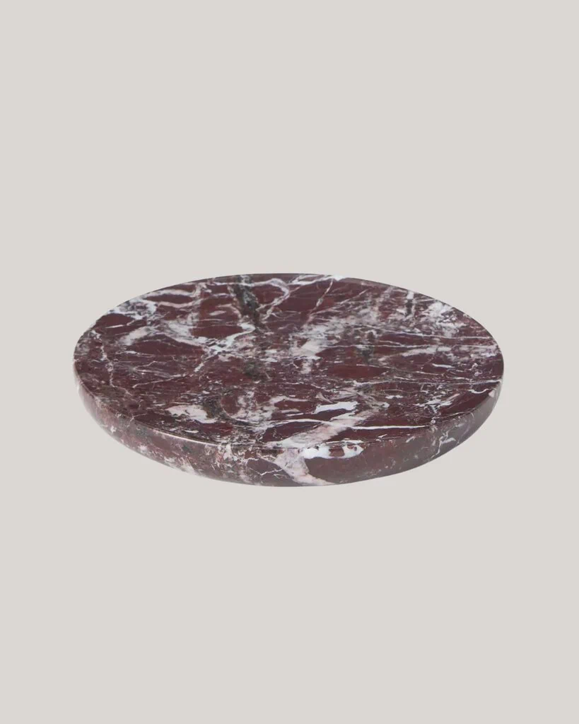 Marble Candle Plate, Dia.16cm, Dark Red against pale gray background.