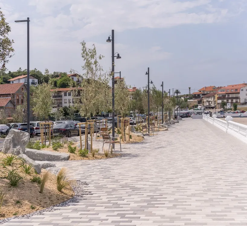 the new paving combines pedestrian continuity with planted strips and resting areas