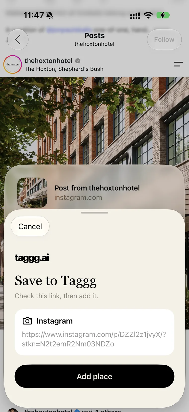 The Save to Taggg share sheet over the Instagram post, with an Add place button