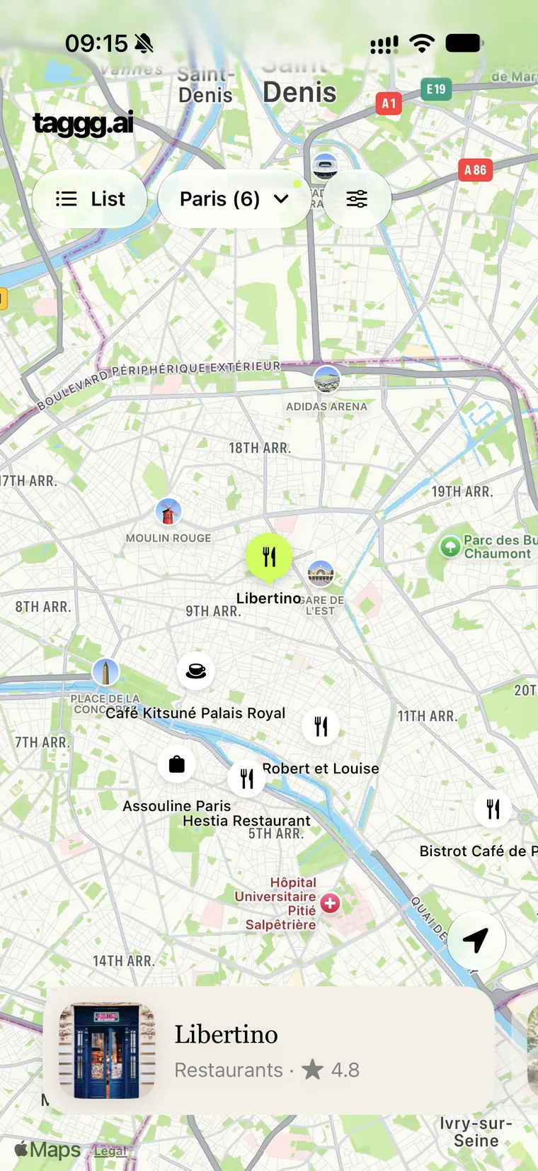 Saved places in Paris pinned on a map