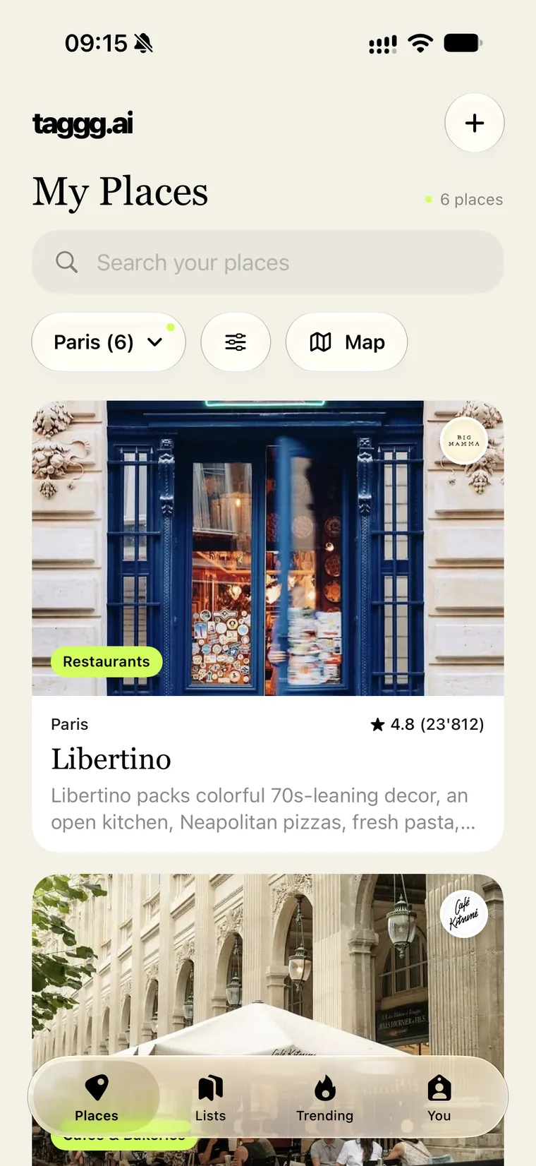 My Places, with search, a city filter and a map button