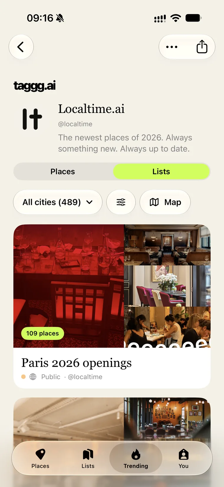 A creator profile in taggg, with its public lists
